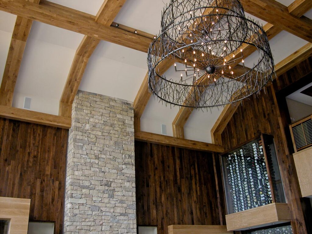 View of the custom paneled walls and ceiling beams at Primland